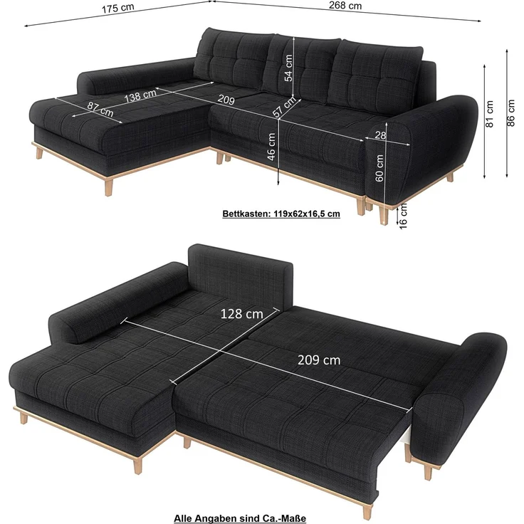 Ecksofa Scandi-Stil Schlafcouch Stauraum Ottomane LI Bouclé Chenille Anthrazit – Bild 9