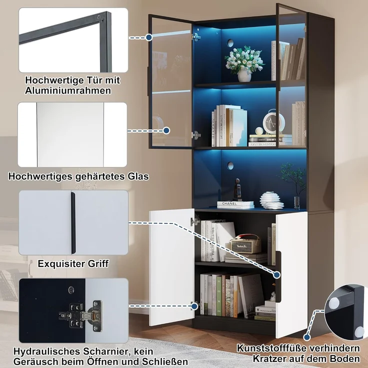 Odikalo Vitrine Glastüren Bücherregal Sammlerstücke einstellbare 30*160*200cm – Bild 6