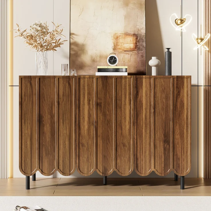 Modernes holzfarbenes Sideboard mit Wellentüren – 120x35x80 cm – grifflos, verstellbare Regale – Stauraum für Wohnzimmer, Flur & Esszimmer – Bild 6