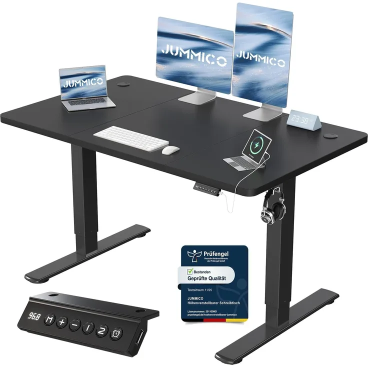 JUMMICO Höhenverstellbarer Schreibtisch 120x60 cm mit USB-Buchse und Kabelwanne, Schreibtisch Höhenverstellbar Ergonomischer Steh-Sitztisch Stehpult mit Rollen (Schwarz)