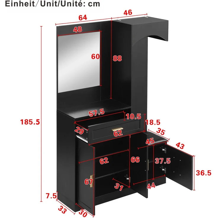 DESVIAE Garderobenschrank mit Spiegel und Schuhbank 110x185,5x33 cm MDF Schwarz – Bild 10