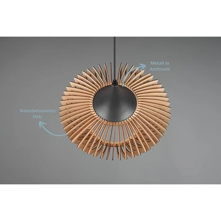 lightling Pendelleuchte Calvino, Holzlamellen, naturbelassen, Metall Anthrazit, 1xE27, D.40xH.150cm – Bild 2