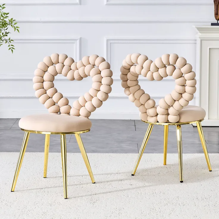 LVHOM 2er Set Esszimmerstuhl mit herzförmiger Rückenlehne, Polsterstuhl aus Samt & Metall, Designstuhl für Büro, Schminktisch und Wohnzimmer, Khaki