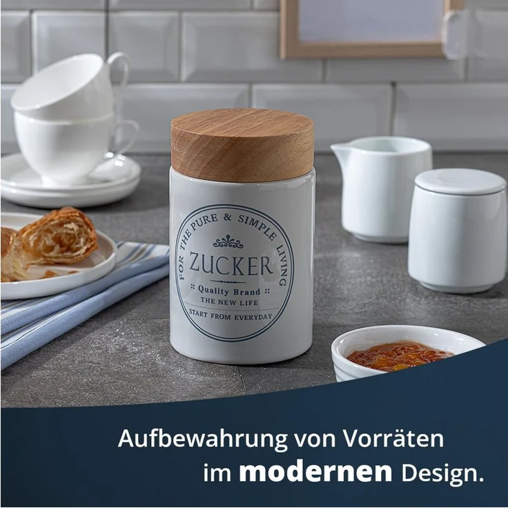 KHG Vorratsdose für Zucker aus Steinzeug mit Akazienholz‑Deckel – im Landhausstil, Steingut, Aufbewahrungsdose für Zucker, schützt Aroma da luftdicht verschließbar – Bild 2