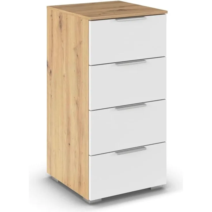 Rauch Möbel Alabama, Kommode für Schlafzimmer, Kinderzimmer, Garderobe, Flur, mit 4 Schubladen, Soft-Close-Funktion, Farbe Weiß/Eiche Artisan, Holz, Griff Alufarben, Maße 40 x 81 x 42 cm