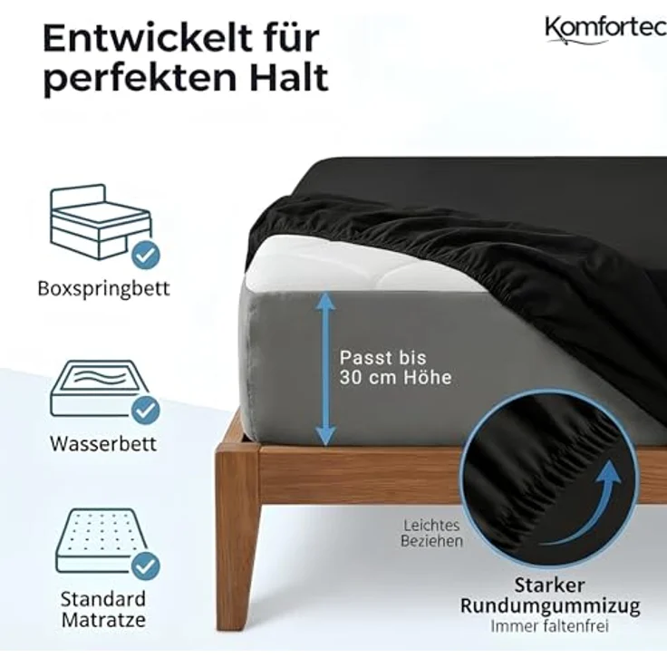 Komfortec Mikrofaser Spannbettlaken 160x200 cm – Weiches Spannbetttuch mit Rundumgummi – Fitted Sheet für Matratzen bis 30 cm – Schwarz – Oeko-Tex – Pflegeleicht & Hautfreundlich – 90g/m² – Bild 3