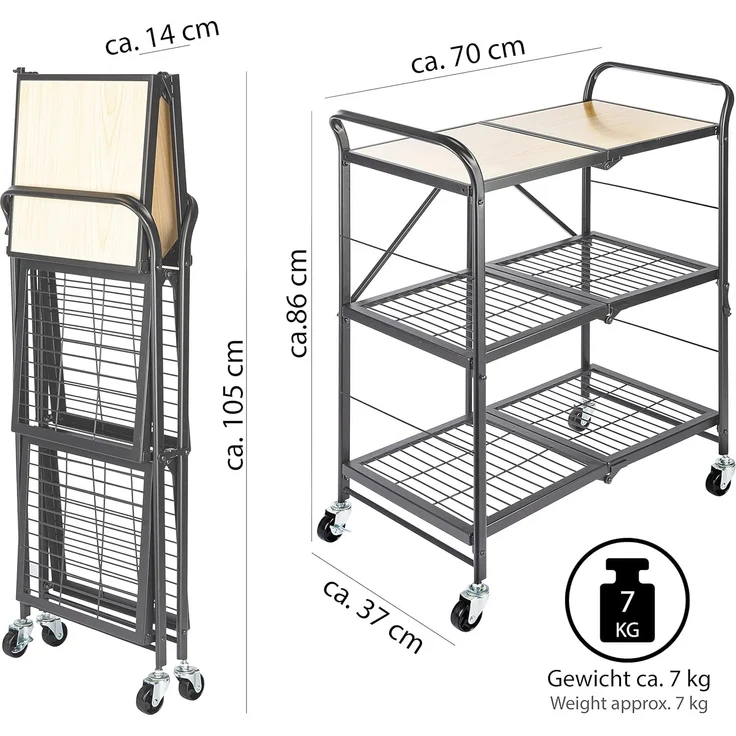 ONVAYA® Küchenwagen James klappbar | Servierwagen auf Rollen | Etagenwagen | Beistellwagen für Küche und Wohnzimmer | Grau – Bild 2