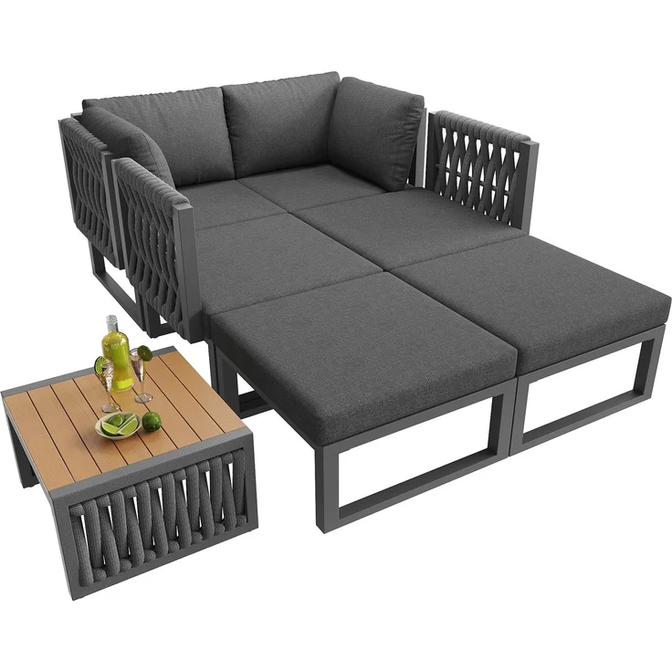 Merax Gartenlounge-Set, 6-Sitzer Gartenmöbel Set, Garten Loungesessel für 6 Personen, Doppelliege für den Außenbereich, Verstellbarer Rückenlehnenwinkel, Grau – Bild 9