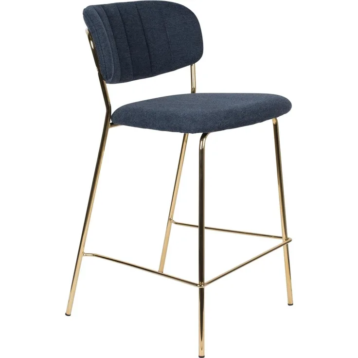 Barhocker Jolien im 2er-Set, blauer Stoffbezug mit goldenem Metallgestell, Rückenlehne und Fußstütze, Sitzhöhe 65 cm, belastbar bis 150 kg