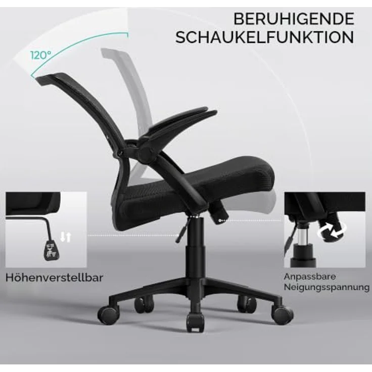 Yaheetech Bürostuhl Ergonomisch, Schreibtischstuhl mit Netzbespannung, Arbeitsstuhl mit Armlehnen, Chefsessel aus Mesh, höhenverstellbarer Computerstuhl 136 kg, atmungsaktiv, Wippfunktion Schwarz – Bild 8