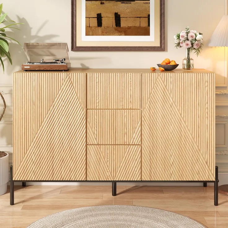 Merax Sideboard mit geometrischer Struktur, Doppeltüren, Mittlere Schublade, Viel Stauraum, Multifunktionaler Aufbewahrungsschrank für Wohn-/Esszimmer