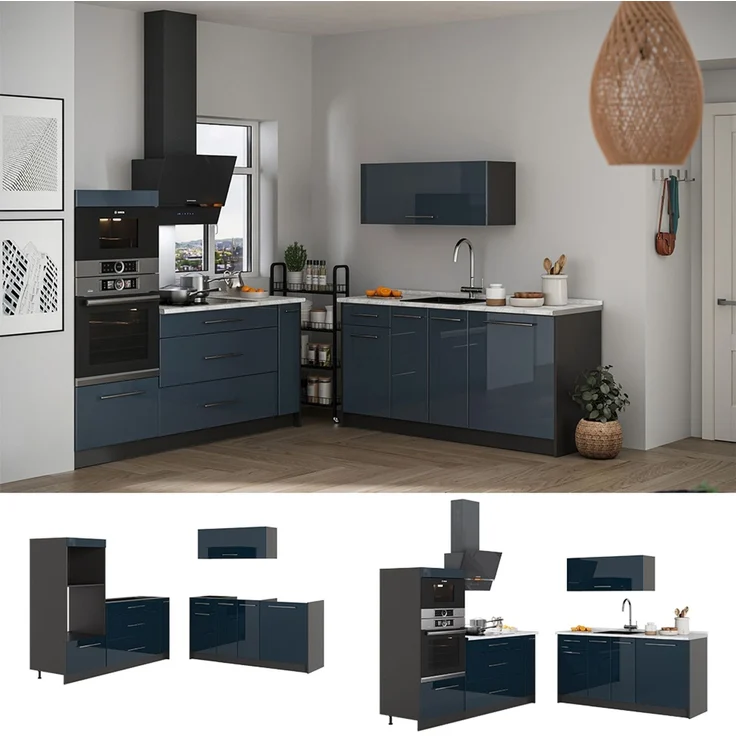 Küchenzeile Fame-Line Dunkelblau Hochglanz/Anthrazit 340 cm, AP Marmor Vicco – Bild 4