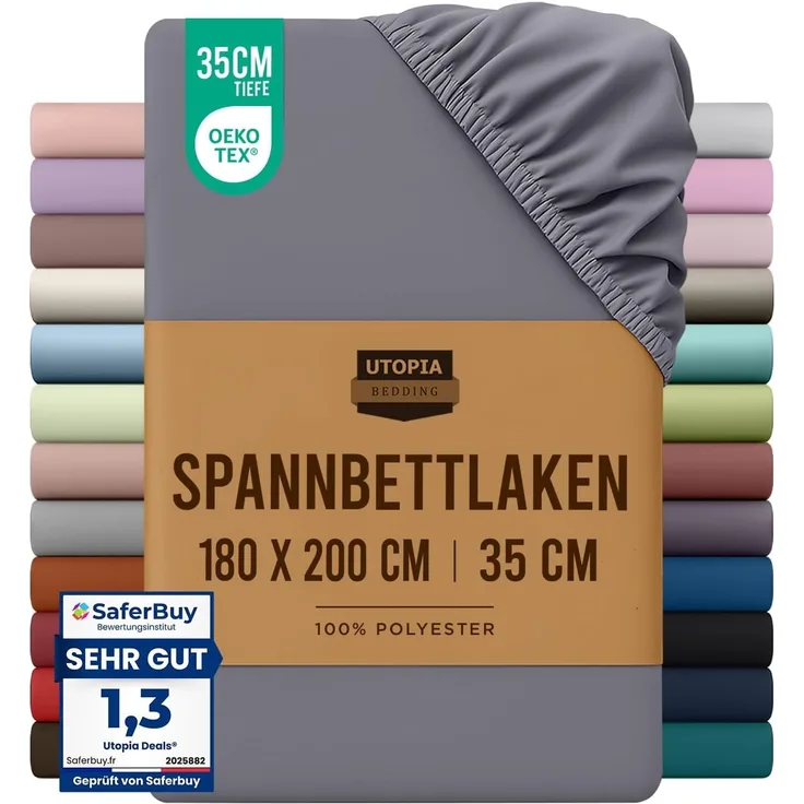Utopia Bedding - Spannbettlaken 180x200 cm - Grau - Oeko-Tex Zertifiziertes Gebürstete Polyester-Mikrofaser Spannbetttuch - 35 cm Tiefe Tasche