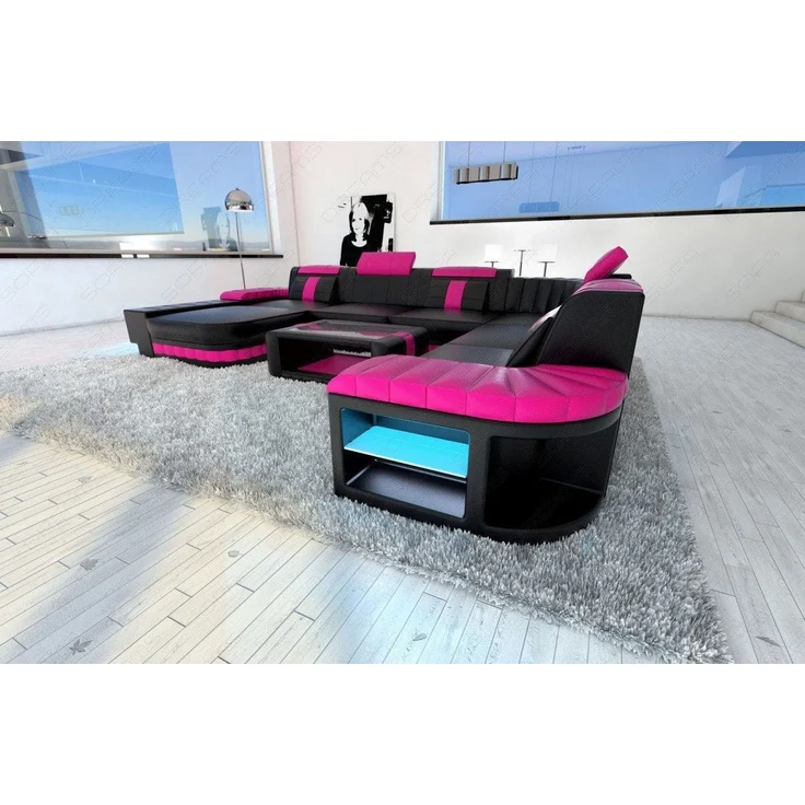 XXL Leder Wohnlandschaft Bellagio mit LED - Ledermix - schwarz-pink - Links – Bild 5