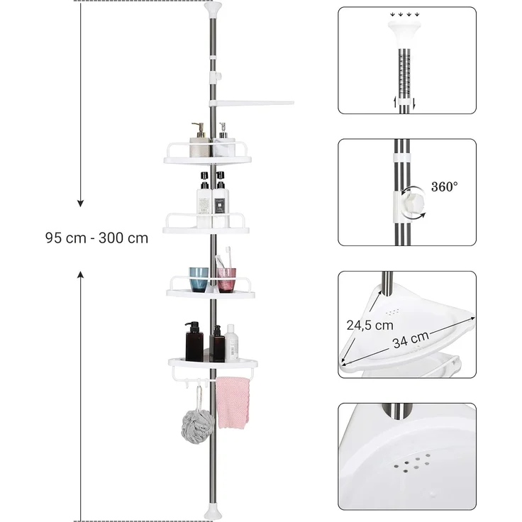 Songmics höhenverstellbares Duschregal, 95-300 cm, 4 Ablagen, 3 Haken, Weiß / Silber – Bild 3
