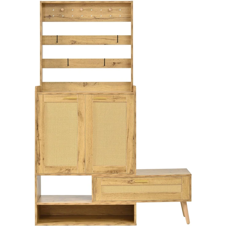 Flieks Garderobenschrank mit drehbarer Sitzbank, 2 PVC-Geflechttüren, Schuhablage und Kleiderhaken, 123.5 x 35 x 180 cm, Naturholzoptik – Bild 7