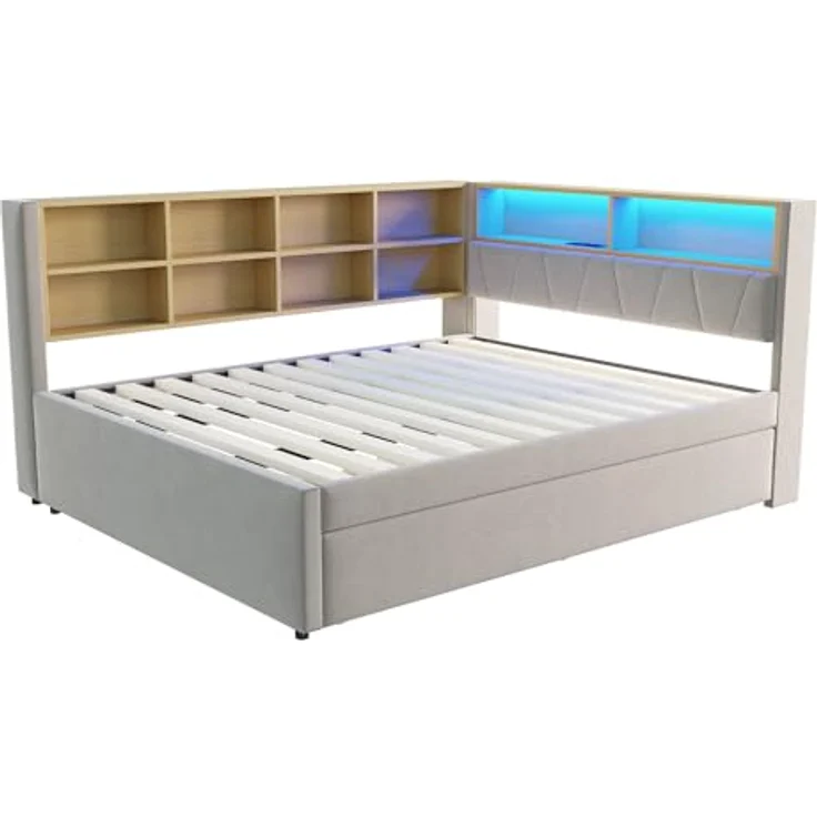 Ball & Cast Schlafsofa (140x200cm & 90 * 190cm) Tagesbett mit USB-Anschlüssen und Leuchten, Einzelbett mit Mehreren Ablagefächern, Ohne Matratze, Hellgrau – Bild 10