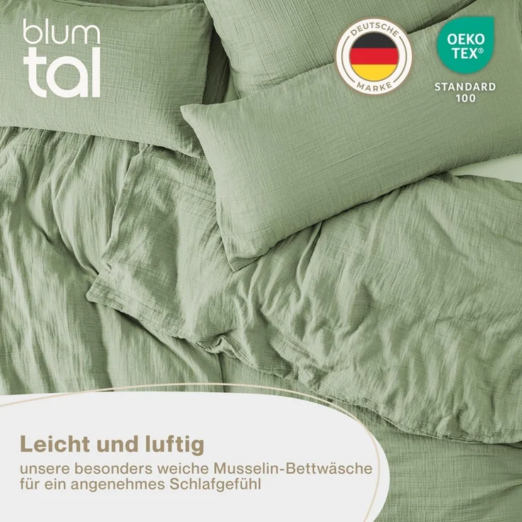 Blumtal Bettwäsche Musselin 100% Baumwolle im Set, Kopfkissenbezug & Deckenbezug, 4 teilig – Bild 2