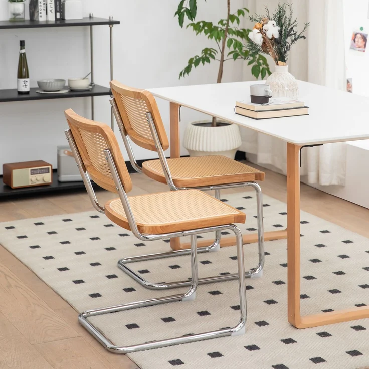 LVHOM 2er Set Freischwinger, Esszimmerstuhl mit Wiener Geflecht, Bauhaus Küchenstuhl aus Natur-Rattan, 25mm Chromgestell, stapelbarer Wohnzimmerstuhl, Natur – Bild 8