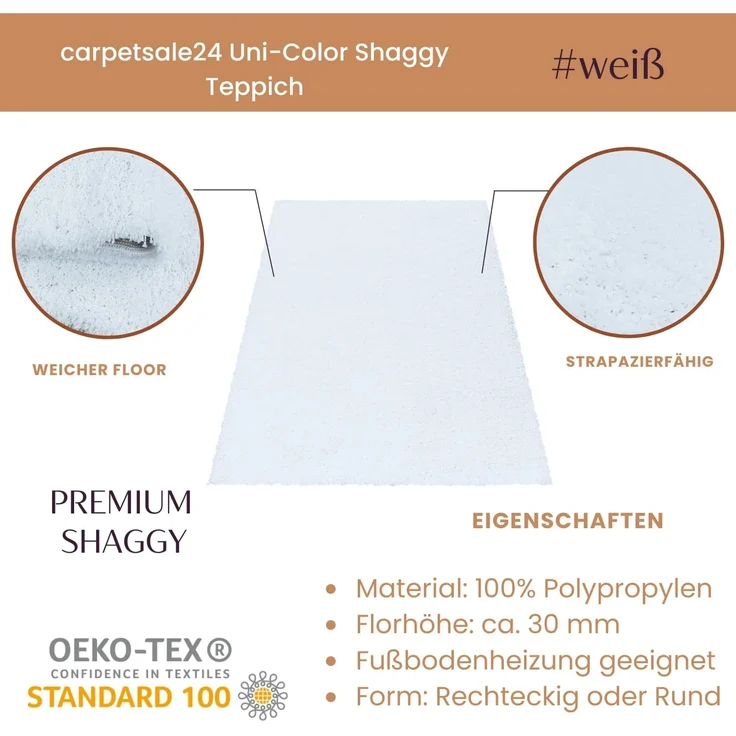 Carpetsale24 Shaggy Hochflor Teppich Wohnzimmer 250x350 (240x340 cm) Weiß - Modern Flauschiger Teppich Extra Weich, Pflegeleicht und Einfarbig - Ideal als Teppich für Schlafzimmer, Esszimmer und Küche – Bild 3