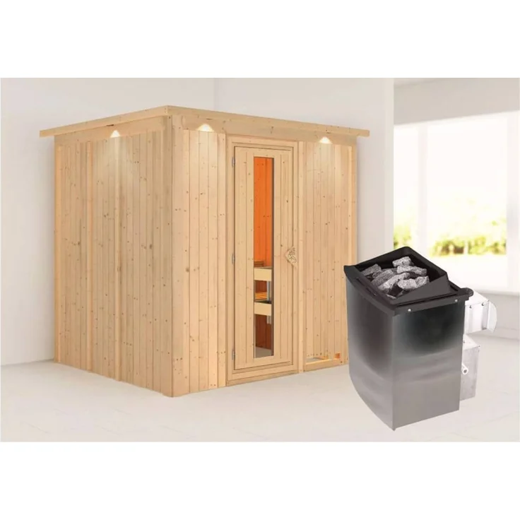 Karibu Sauna Sodin mit Dachkranz + 9kW Saunaofen mit integrierter Steuerung Energiespartür – Bild 1