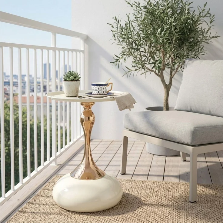 HAUSS SPOLE Couchtisch für das Wohnzimmer,Endtisch Beistelltisch mit Metallbasis,Weiß+Gold (Tisch mit runder Ablagefläche und kompakter Bauweise für flexible Platzierung im Innenbereich) – Bild 3