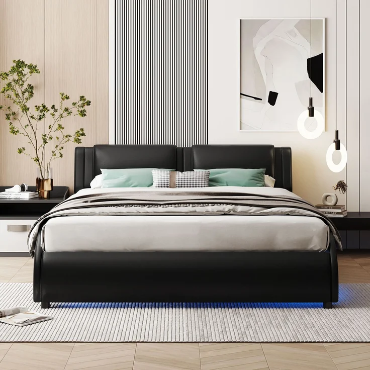 Polsterbett 140x200 cm aus Kunstleder mit LED-Beleuchtung – modernes Design und gepolstertes Kopfteil – Bild 2