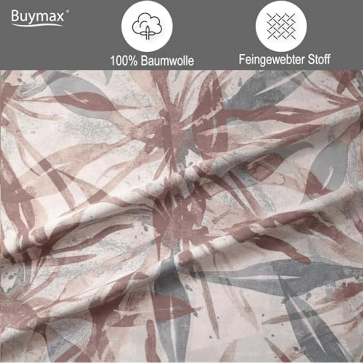 Buymax Bettwäsche Dorina, Bettgarnitur, Bettbezug Set, Renforce: 100% Baumwolle, 3 teilig, mit Reißverschluss, geblümt, Blumen, Beige Braun, 200x200 cm – Bild 4