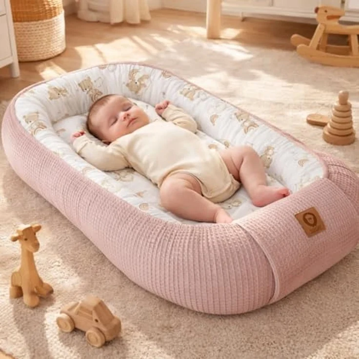 Babynestchen Neugeborene – Nestchen Baby aus Waffel Baumwolle & Baumwollstoff – Babynest für Babybett & Kinderbett – Baby Kokon Tragbar – OEKO-TEX zertifiziert – Zubehör für Babybett - Teddy und Rosa – Bild 2