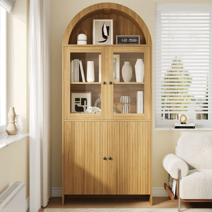 Sideboard mit Bogendecke , Vitrine mit Glastüren , Geschlossener Aufbewahrungsschrank mit Wellenmuster , Wohnzimmerschrank--Natürlich--78x40x176cm--YOUDENOVA – Bild 2