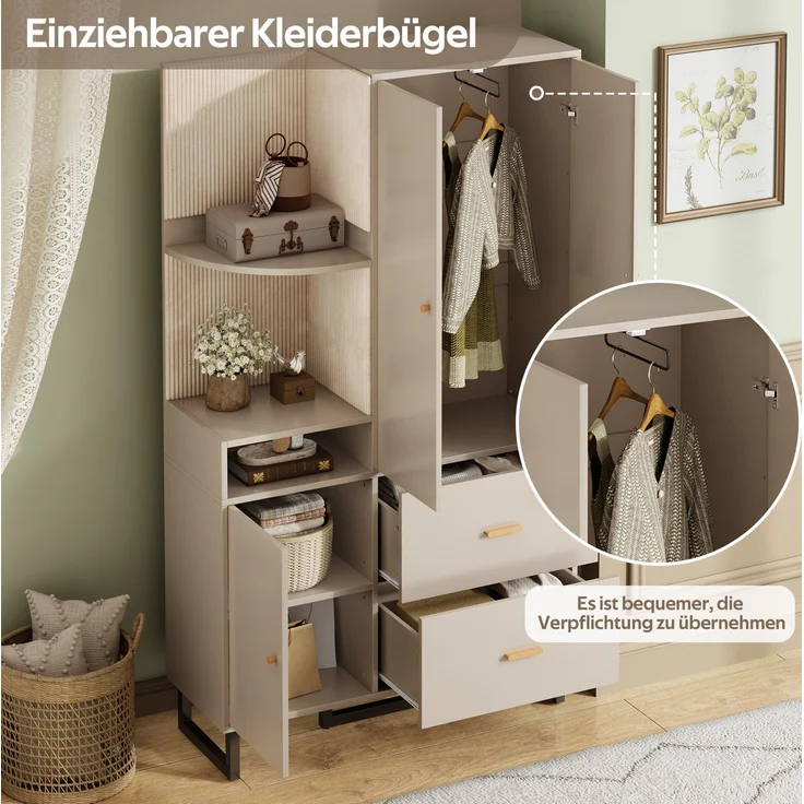 CHICFURN Schrank 110x186x38 cm mit gepolsterten Stoffpaneelen und 2 Schubladen – Beige+Grau – Bild 4