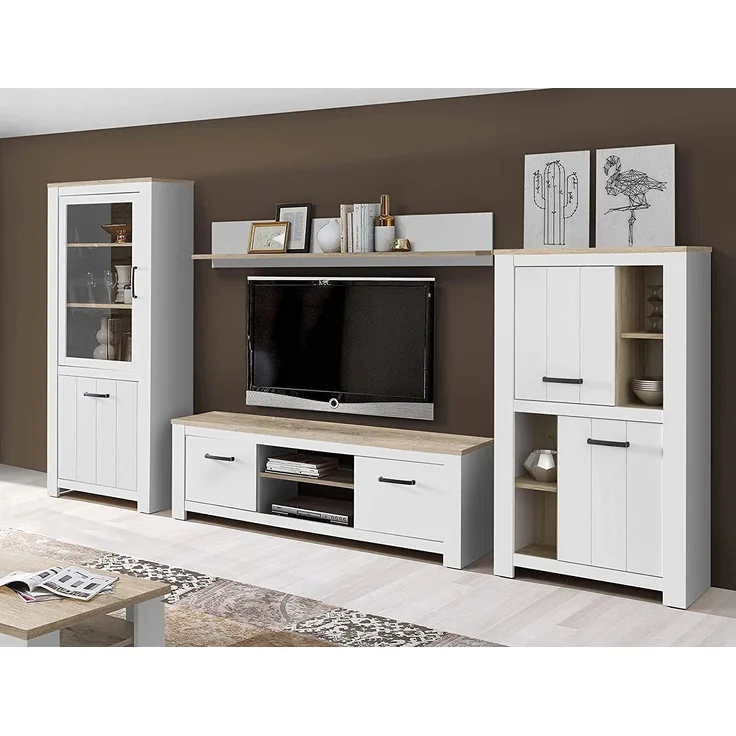 FORTE Elara Wohnwand, Holzwerkstoff, Braun/Weiß, 344,1 x 185,5 x 42,2 cm