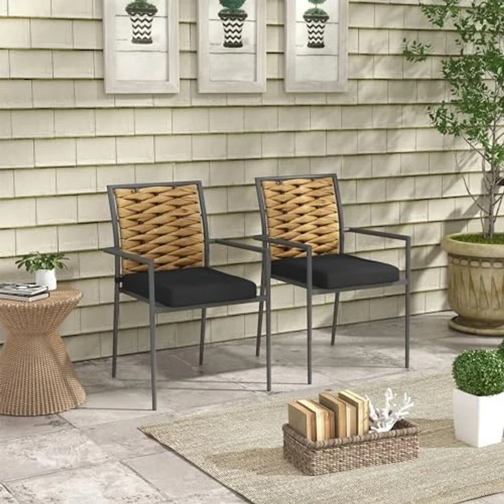 Outsunny 2er-Set Rattan Gartenstuhl Gartensessel Set mit Kissen, Stapelbarer Gartenstuhl, Balkonstuhl für Terrasse, Stahl, 57 x 58 x 87 cm, Schwarz – Bild 2