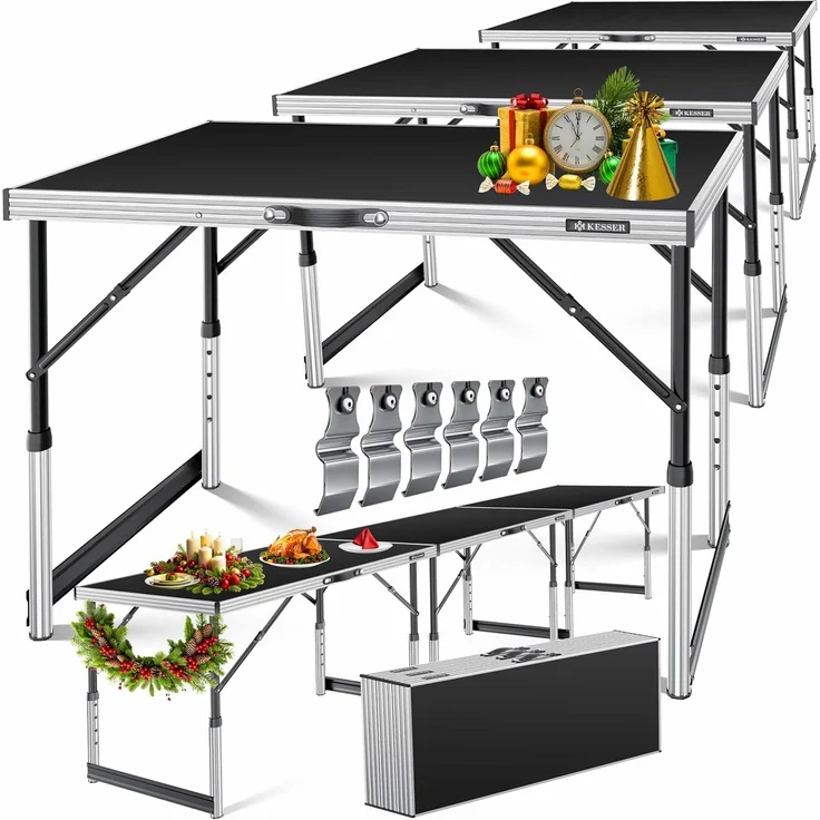 KESSER® Multifunktionstisch Profi 3- teilig, 100 x 60 cm, Tapeziertisch 30kg Tragkraft je Tisch Mit Ausziehfunktion Klapptisch Flohmarktisch Beistelltisch Mehrzwecktisch Campingtisch höhenverstellbar Schwarz