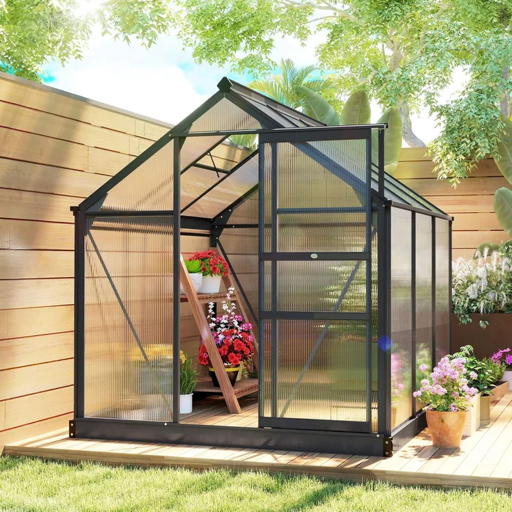 Wohnora-Gewächshaus aus Polycarbonat, 3,65 m², 190 x 192 x 201 cm, UV-beständig, mit verstärktem Fundament und Dachrinne – Grau,H 51054cm x T 1350cm x B 48768cm