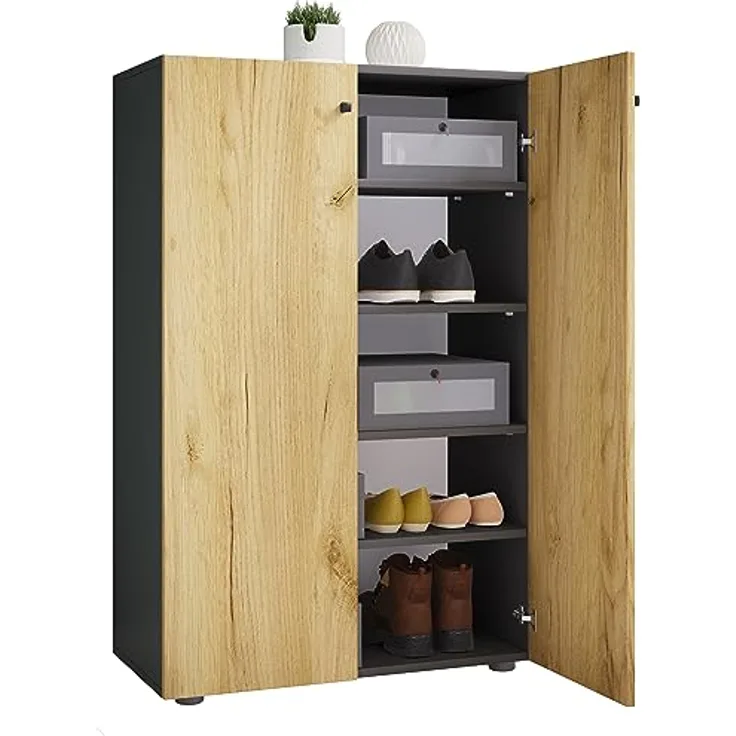 MID.YOU Schuhschrank Lona, 4 Fächer, Anthrazit und Honigeiche, stehend, 70x110x39 cm, Kunststoff