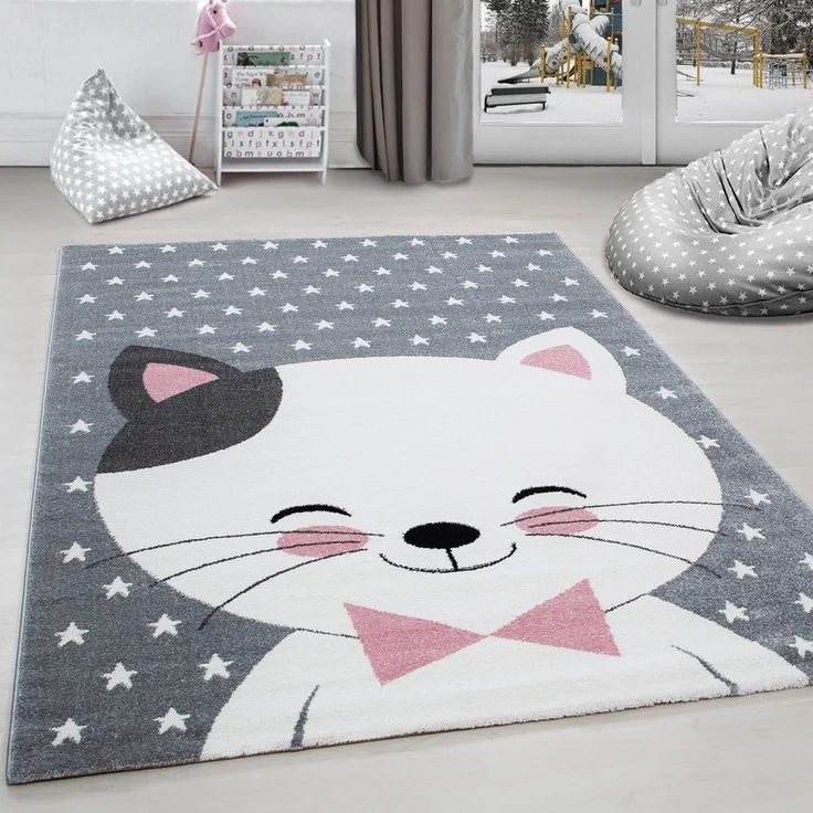 Carpettex Kinderteppich Niedliches Katze design, Rund, Höhe: 11 mm, Kinderteppich Katze Design Rosa Baby Teppich Kinderzimmer Pflegeleicht – Bild 1