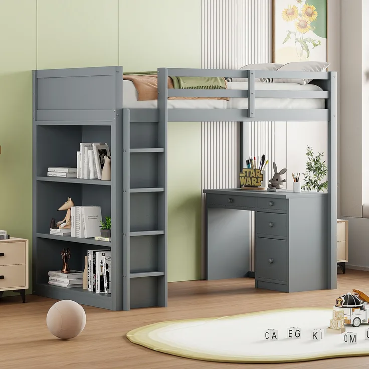 Hochbett 90x200 cm mit Aufbewahrung und Schreibtisch – modulares Massivholz-Design,Grau,platzsparend