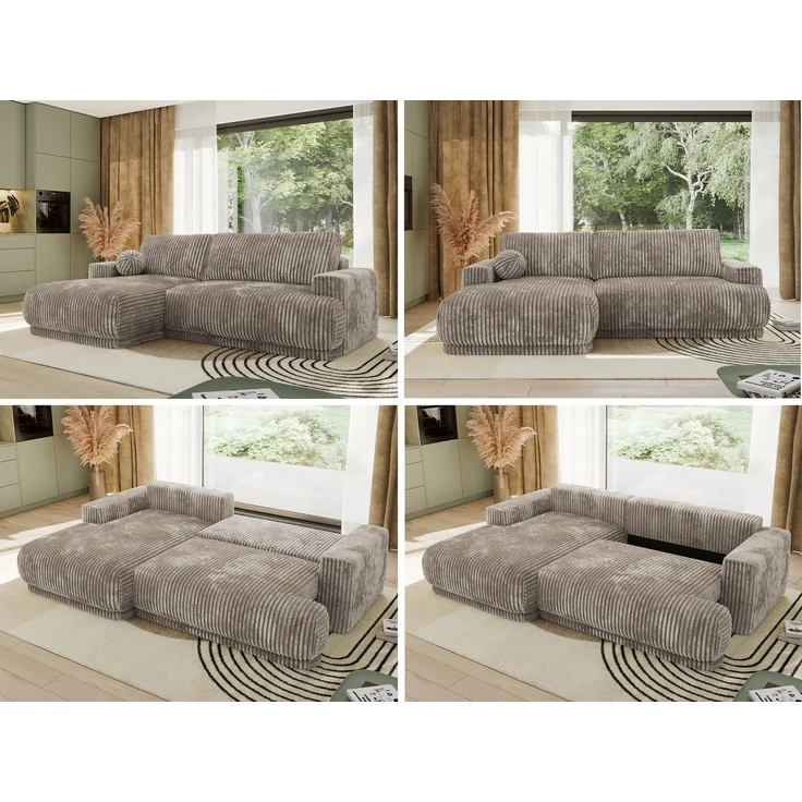 RINA L Design Ecksofa, Schlaffunktion & Stauraum, DL-System, Wellenfedern, Liegefläche 220x155 cm, freistehendes Polstersofa, Schlafcouch - Hellbraun Cord - Links Seite – Bild 2