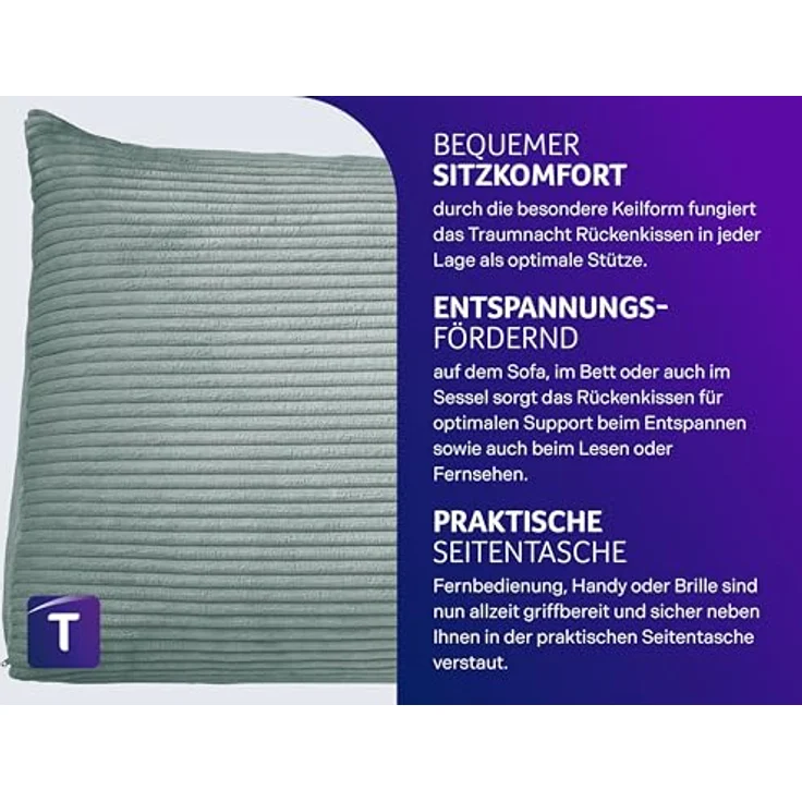 Traumnacht Cozy Rückenkissen, Lesekissen, 70x40 cm, türkis, Abnehmbarer,waschbarer Bezug aus gemütlichem Kord, praktisches Seitenfach, Öko-Tex Zertifiziert, produziert nach deutschem Qualitätsstandard – Bild 3