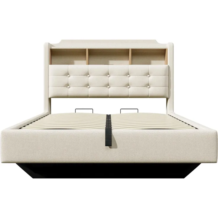 Polsterbett mit LED-Streifen und Stauraum, 140x200 cm, Kopfteil, USB/Type-C Anschlüsse, Doppelbett, Stauraumbett, Leinen – Bild 6