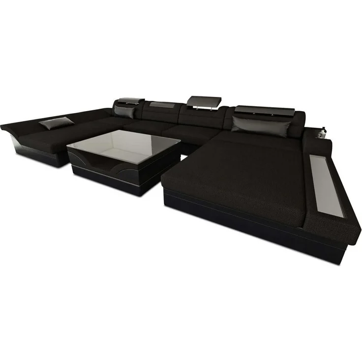 Stoff-Wohnlandschaft Monza LED U-Form - Strukturstoff - Schwarz-Schwarz - Rechts – Bild 1