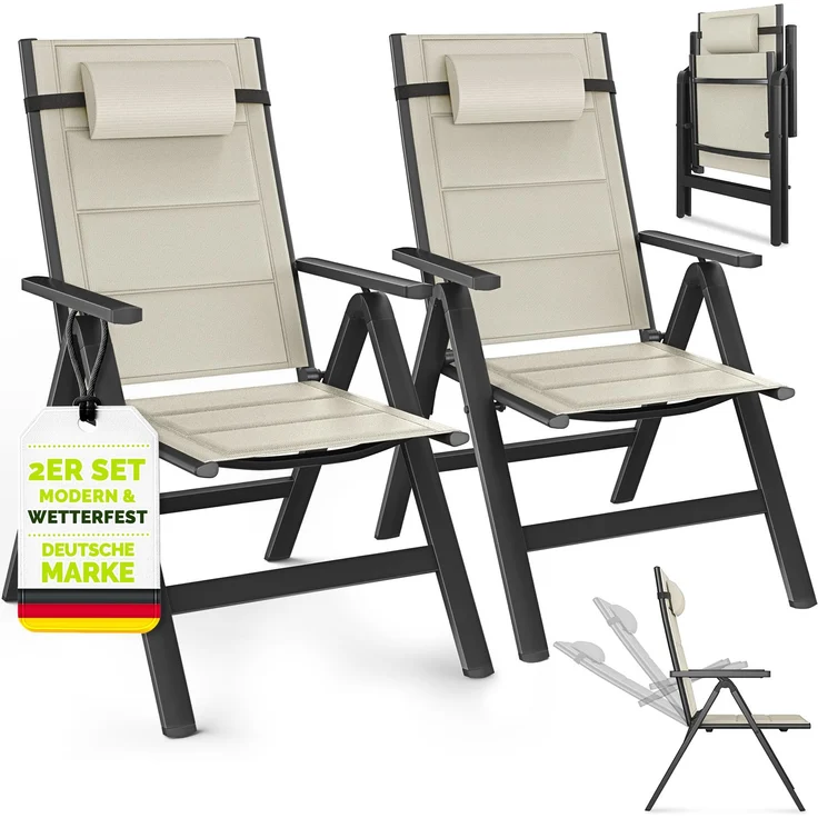 tillvex Gartenstuhl mit Polster Premium 2 Stück Beige klappbar aus Aluminium | Hochlehner mit Armlehnen | Klappstuhl verstellbar | Klappsessel Balkon Garten Terrasse – Bild 1