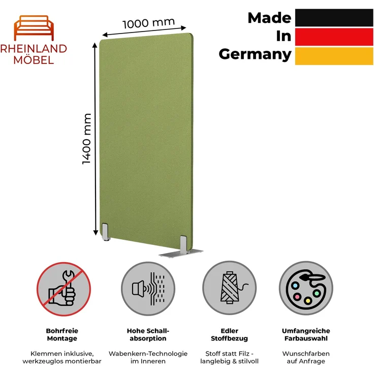 Rheinland Möbel FocusWall STW1014 – Akustik-Stellwand 1000×1400 mm in Stofffarbe Apple inkl. Standfüßen – Schreibtisch-Trennwand für Büro & Homeoffice – Schallschutz – Made in Germany – Bild 2