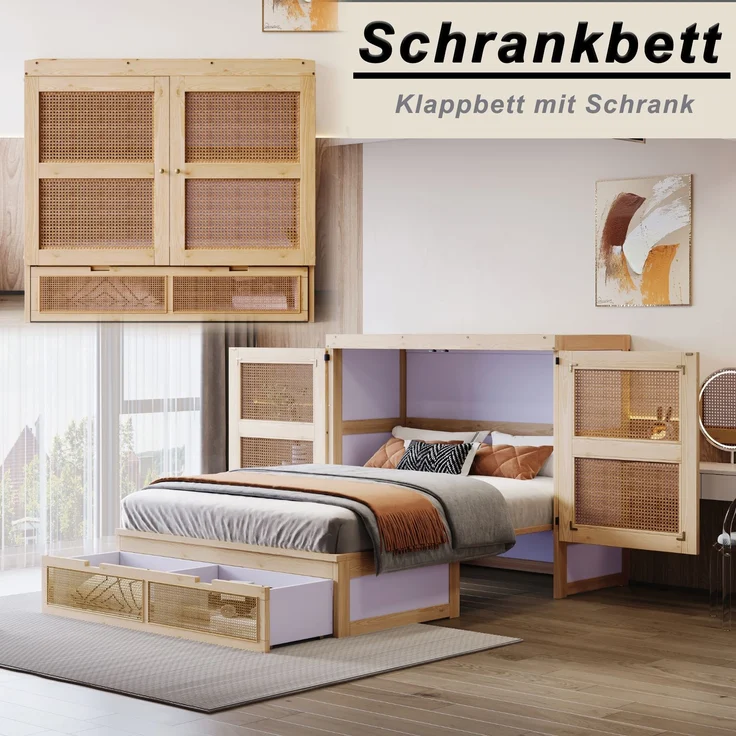 Bett 140x200 cm Schrankklappbett aus Holz in Natur, mit Lattenrost, Schubladen und Rattan-Design, ohne Matratze – Bild 5