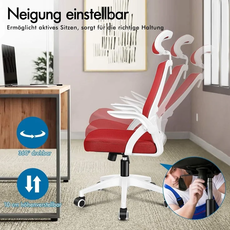ALFORDSON Bürostuhl mit Kopfstütze Lordosenstütze Drehstuhl Heimbüro Rot – Bild 6