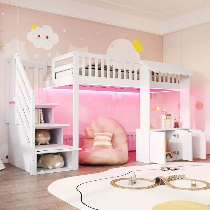 EINHOM Holz-Hochbett 90 x 200 cm mit Stauraumschrank und Stauraumtreppe, Massivholz + MDF, Mehrfarbiger LED-Lichtleiste, Traufendesign, Lattenrost, Einzelbett, Weiß (Ohne Matratze) – Bild 3