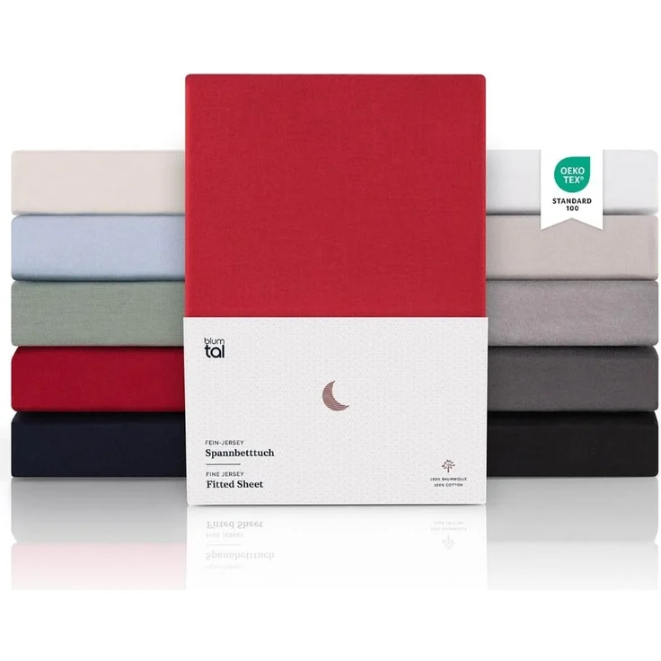 Blumtal® Premium Topper Spannbettlaken 200x220 cm Jersey im 2er Set - Oeko-TEX zertifiziertes Bettlaken 200x220 Baumwolle 100% - Spannbetttuch 200x220 Topper bis 10cm Höhe - Bettlaken für Topper - Rot – Bild 1