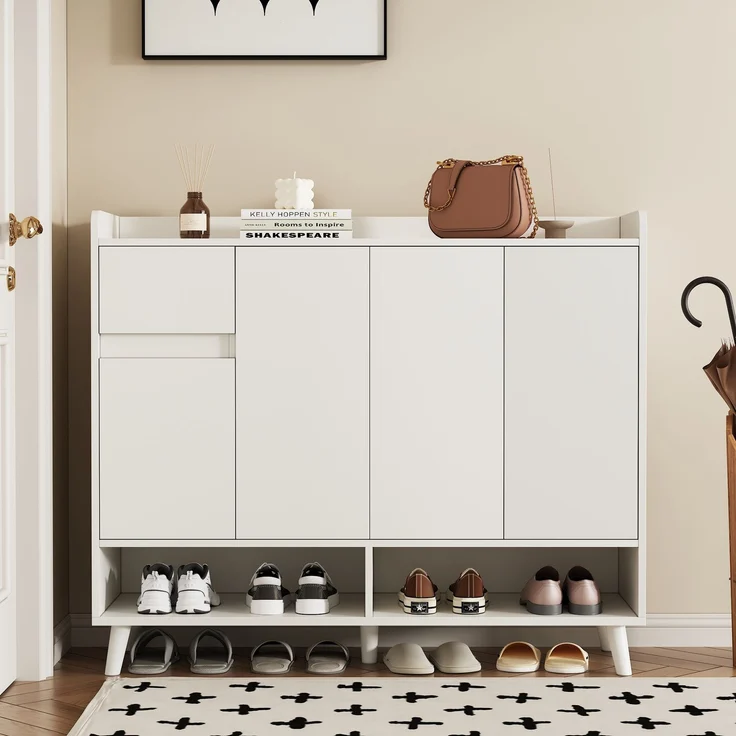 Merax Schuhschrank, Sideboard, mit großem Stauraum, 4 Türen und 1 Schubladen mit einem verstellbaren Regal, Weiß – Bild 3