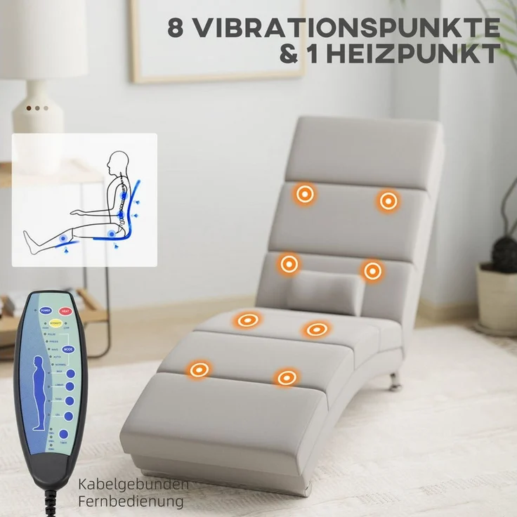 HOMCOM Massagesessel mit Liegefunktion Massage Wärmefunktion Vibration (Relaxsessel, 1-St, Elektrisch Fernsehsessel), TV Sessel mit Lendenkissen Seitentasche Fernbedienung Cremeweiß – Bild 3